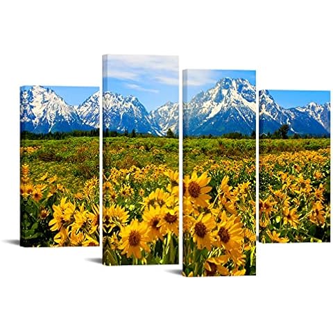Nachic Wall 4 Pieces Yellowstone National Park Wall Art Wild Flower Field USA Landscape Picture Canvas Prints Nature Painting Artwork Framed Home Living Room Kitchen Decoration Cover