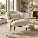 LukeAlon Modern Sherpa Accent Chair Upholstered Single Sofa Chair with Pillow & Black Metal Legs, Comfy Vanity Chair for Living Room, Bedroom, Office, White