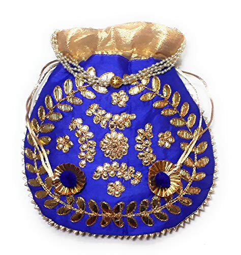 UNIQUE PRODUCT Presents Embroidered Peacock Design Gotta Patti Potli Bag With Pearls Drawstring