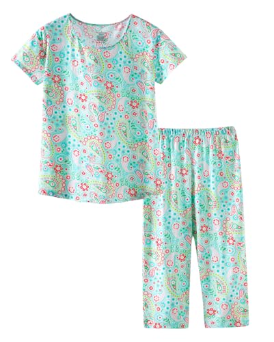 CHUNG Women Pyjama Set Short Sleeve Top Capri Pants Cotton Blend Loungewear Pjs Floral Animal Print S-3XL Green Paisley, L