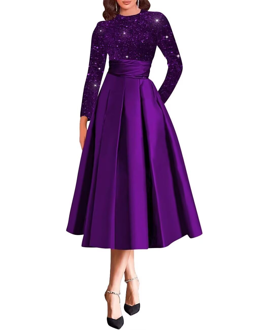 Sparkly Sequin Wedding Gown Long Sleeve Tea Length A Line Formal Dress Mother of The Bride Dresses for Women