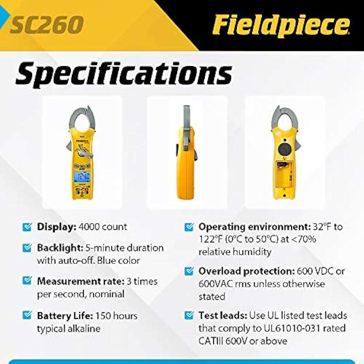 Fieldpiece Compact HVACR Clamp Multimeter SC260 True RMS Clamp Meter with Temperature, Capacitance & Backlight