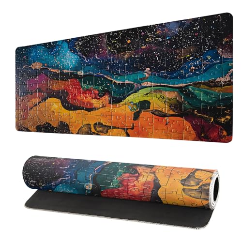 Gaming Mouse Pad Desk Pad,Extended Big Mouse Pad,31.5x11.8 Inch Long Computer Keyboard Mouse Mat Mousepad with 3mm Non-Slip Base and Stitched Edge for Gaming and Office… (Watercolor Puzzle)
