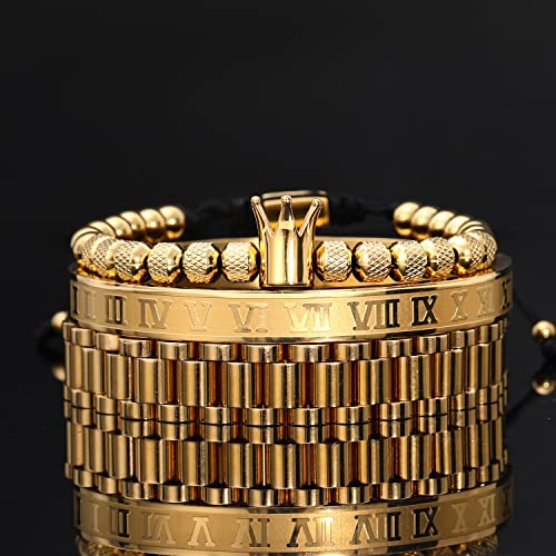 Wfyou 3Pcs Stainless Steel Bracelets For Men Gold Roman Numeral Bangle Bracelet Twisted Cable Bracelet Adjustable Cuff Bracelet Mens Luxury Jewelry Bracelets Gifts(F:gold) #TOP6