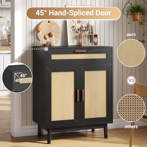 UPOSOJA Rattan Storage Cabinet with Large Drawer, Rattan Doors Accent Cabinets, Buffet Adjustable Shelf Freestanding Storage, Kitchen, Dining Room, Living Room, Bedroom (Black Wooden Legs, 1Pcs)