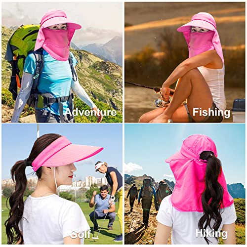 Image of Women Wide Brim Face Mask Sun Hat Detachable Neck Face Flap Ponytail UV Protection Visor Hat Garden Fishing Hiking