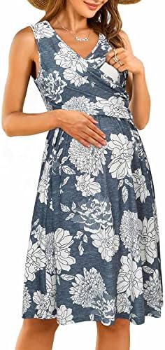 OUGES Womens V-Neck Sleeveless Summer Floral Maternity Dresses Nursing Gown Breastfeeding Clothes(Floral18,L)