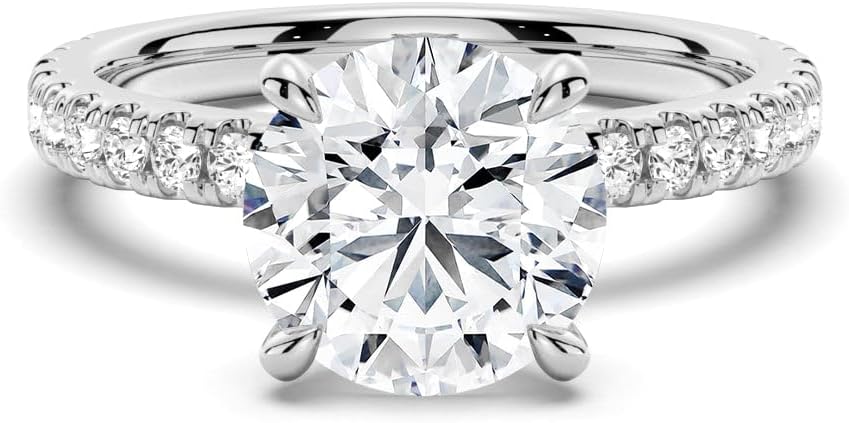 MSBLUE® Moissanite Engagement Ring, 1.5ct Round Cut with Pavé & Hidden Halo, 14K White Gold Vermeil, Rhodium Finish