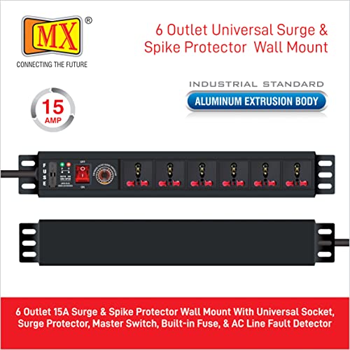 Image of MX Universal Socket Extension Board with Child Safety Shutter Power Strip Wall /Desk Mount Heavy Duty Alumminium Extrusion Body (6-Outlet Universal Spike Protector 1.5 MTR)