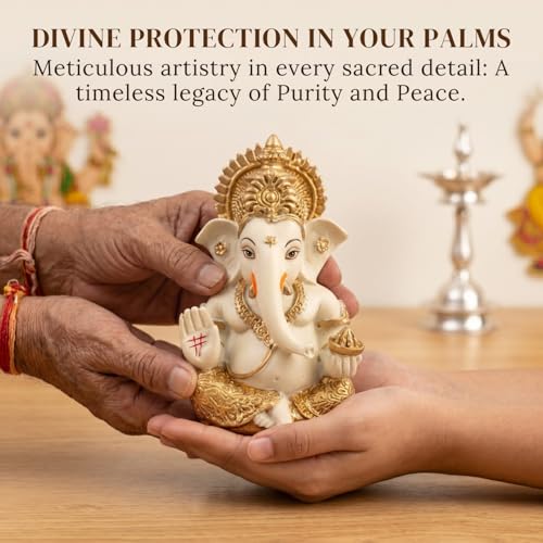 Image of Golden Legacy Cream and Gold Ganesha Idol - Divine Seated Ganpati Statue with Gold Accents for Home Mandir, Office Desk, and Car Dashboard - Auspicious Vastu Home Decor and Spiritual Gift