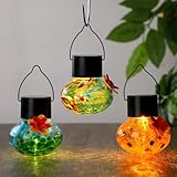 Nuogo 3 Pcs 3.54 Inch Blown Glass Hummingbird Feeders Solar Powered Glass Hummingbird Feeder with LED Light for Outdoors Hanging Window Garden Decor Christmas Holiday Ant and Bee Resistant Gifts