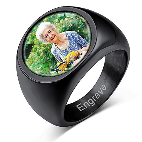 Custom4U Personalized Rings with Pictures Inside Custom Photo Ring Name Engraving Stainless Steel Signet Ring/Heart Ring Size 7-14 Customized Memorial Jewelry for Men Women (Gift Box)
