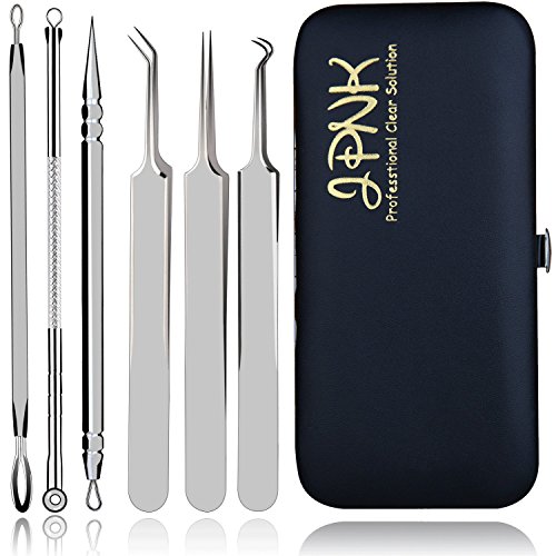 JPNK Blackhead Remover Comedones Extractor Acne Removal Kit for Blemish, Whitehead Popping, Zit Removing for Nose Face Tools with a Leather bag (6 Pcs, 3 Tweezers Pack)