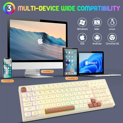 KOLMAX BK98 Wireless Gaming Keyboard, Dual Mode 2.4G/Bluetooth Gaming Keyboard,RGB Backlit Ergonomic 98 Keys PBT Mechanical Feeling Wireless Keyboard for Office Windows Mac PC Gamer(Retro Brown) - Image 5