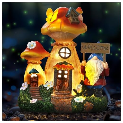 Solar Garden Statue Lights Mushroom Fairy House Figurine, Outdoor Memorial Garden Ornaments Waterproof Decoration for Outside Patio Yard Lawn Decor