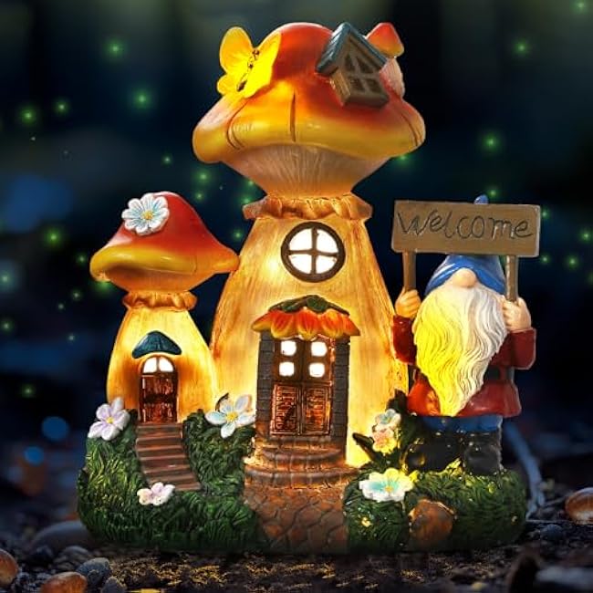 Solar Garden Statue Lights Mushroom Fairy House Figurine, Outdoor Memorial Garden Ornaments Waterproof Decoration for Outside Patio Yard Lawn Decor