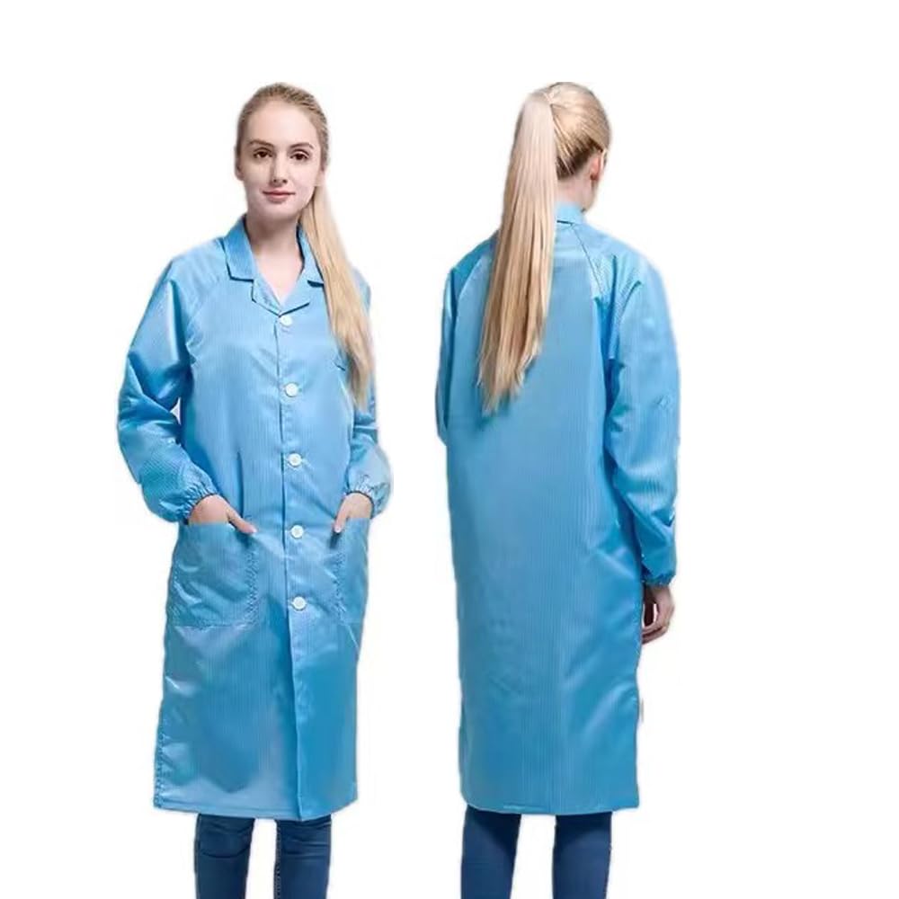 BSC WISSEN DE ESD Anti-static Gown Unisex Button Lapel Coat EPA Jacket Uniform for Static Control All ESD Clean Room Areas, Blue, Medium