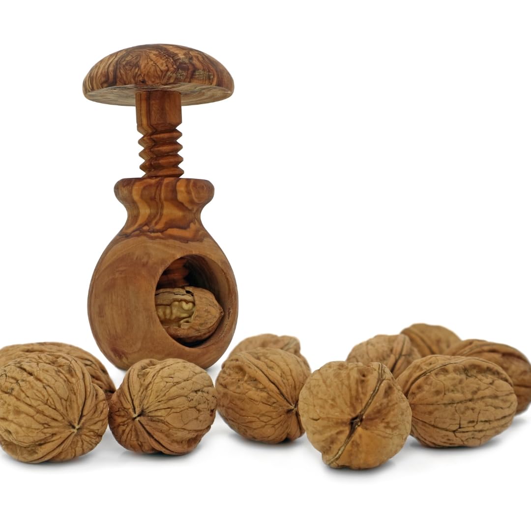 Casse Noix, Casse Noisette, Casse Noix en Bois, Casse Noix Champignon - Casse Noix sans Effort Bois d'olivier - Mécanisme à vis - Ustensile de Cuisine - 10 x 6 cm