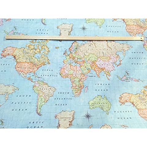 World MAP 3 Designer Cotton Fabric Material - for Curtains, Dressmaking, Home Decor, Upholstery - 140cm Wide (Sold by The metre) Cover