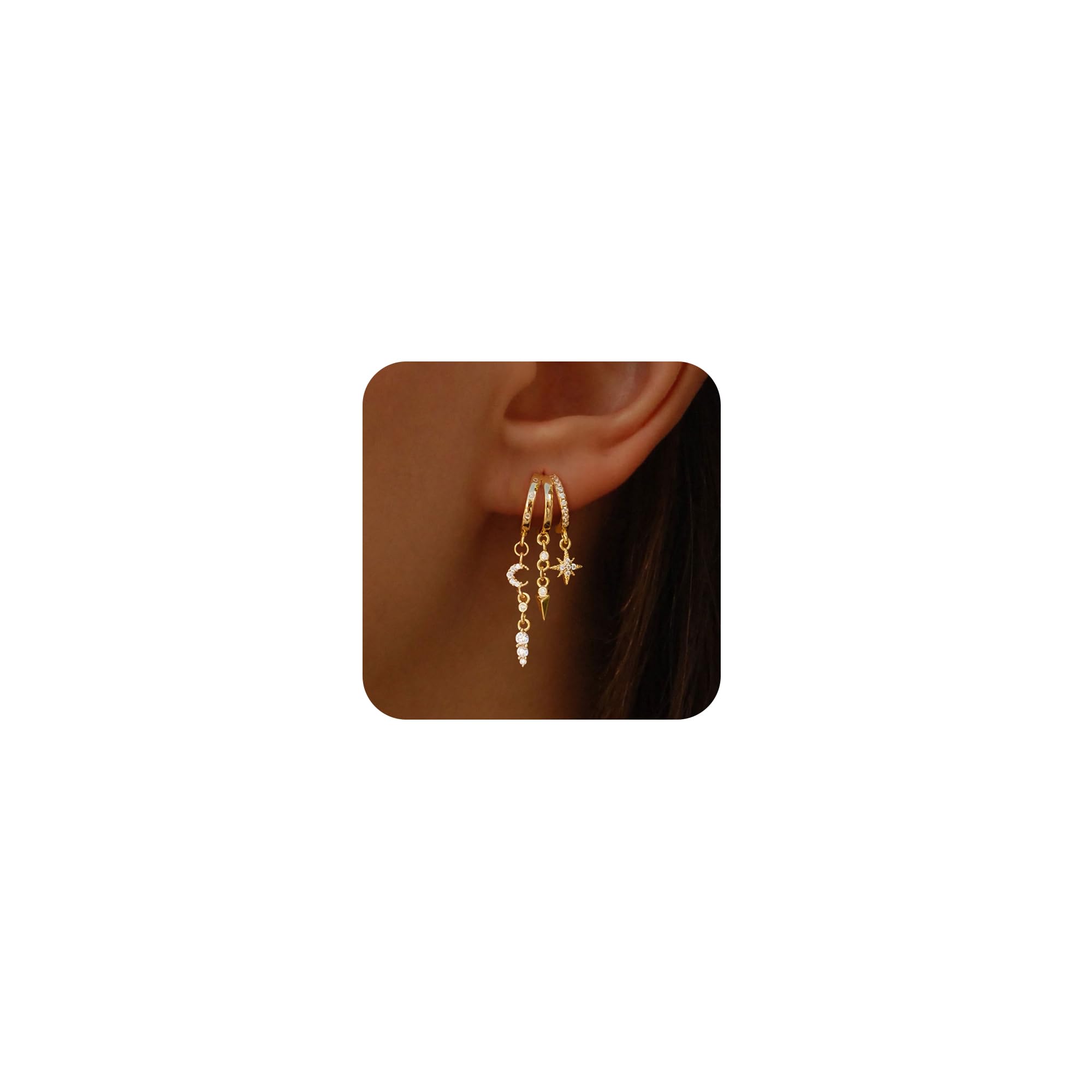 Dangle Earrings For Women,Dainty 14K Gold Plated Hypoallergenic Small Triple Huggie Hoop Earring Gothic Cute Cross Moon Star Drop Earrings For Women Trendy Gold Statement Stud Earring Jewelry