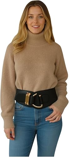 Miniatura 2 de TFJ - Cinturón ancho de moda para mujer con cintura alta hebilla de gancho de metal dorado talla XS S M L Xl