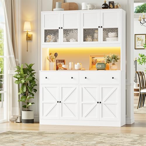 Image of FINETONES 71 inch Pantry Cabinet with LED Light and Charging Station, Farmhouse Kitchen Pantry Cabinet with Microwave Stand, 47.2 inch Wide Kitchen Hutch Food Pantry with Open Countertop, White