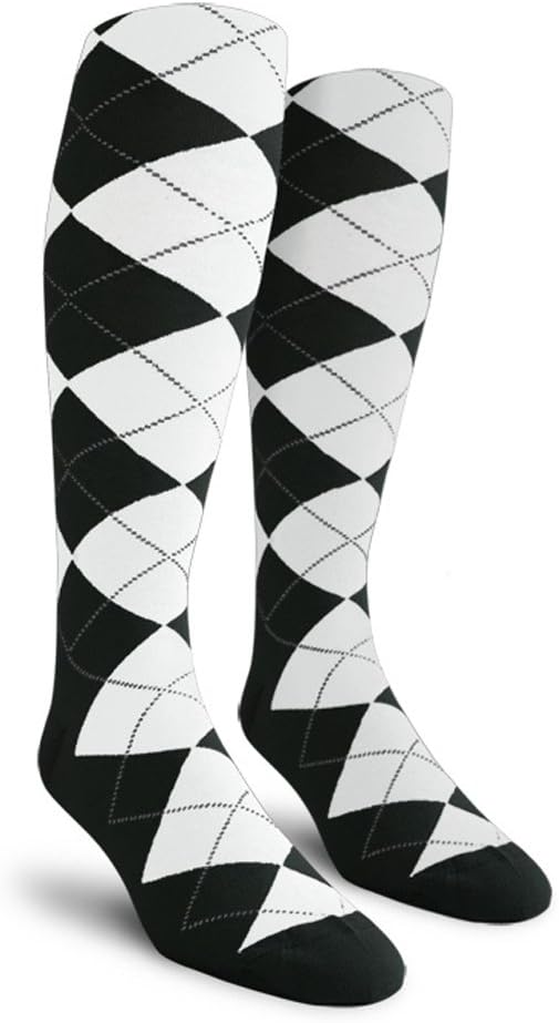 Colorful Knee High Argyle Cotton Socks For Men Women and Youth (A-Z) Black/White 10-13