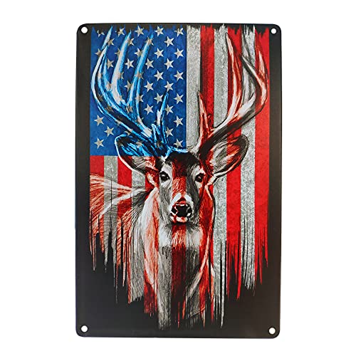 Hunting Metal Tin Sign Wall Man Cave Decor Poster, American Flag Deer Vintage Sign Metal Poster Plaque For House Bar Pub Wall Art Sign-12X8 In #TOP2