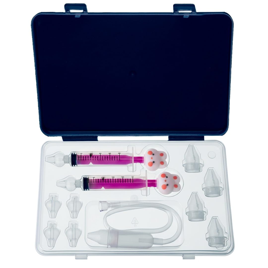 Aspirador Nasal con Jeringas de Lavado Nasal para Bebé | 2 Estuches Completos | 4 Jeringas de Diseño de Animal, 2 Aspiradores y 20 Recambios | Limpiador de Nariz Sin BPA