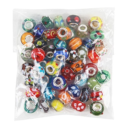 NYKKOLA 50 Piece Lot Lampwork Murano Glass European Mix Beads- Compatible with Most Major Charm Bracelets