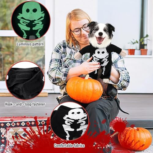 Halloween Kostüme für Im Dunkeln leuchtendes Skelettkostüm, SilverChry Hundekostüm Halloween, für Haustier Cosplay Party, Haustier Cosplay Party Anzug (M, Skeleton)