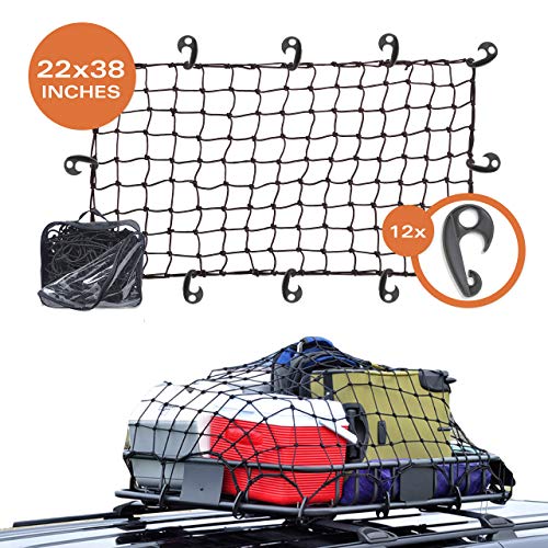 22"x38" Super Duty Bungee Cargo Net Stretches to 44"x76" | Small 2"x2" Mesh Holds Small and Large Loads Tighter | 12 Adjustable Hooks | for Rooftop Cargo Carrier, ATV, UTV, Cargo Hitch