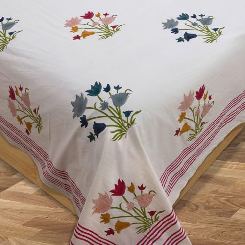 Image of TOAI Hand Block Printed Bedsheet | Bed Sheet Flatsheet | Pure Cotton | Double Bed King Size 108 inchx108 inch | 180 TC Bedsheets | Includes 2 Pillow Covers (Blue Pink Florals On White)