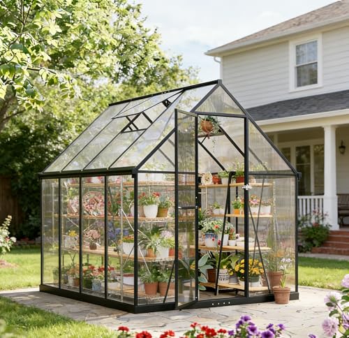 Serre de jardin en polycarbonate de 6 x 10 pieds praticable, maison de plantes de jardin extérieur avec ventilation, porte verrouillable, cadre en aluminium