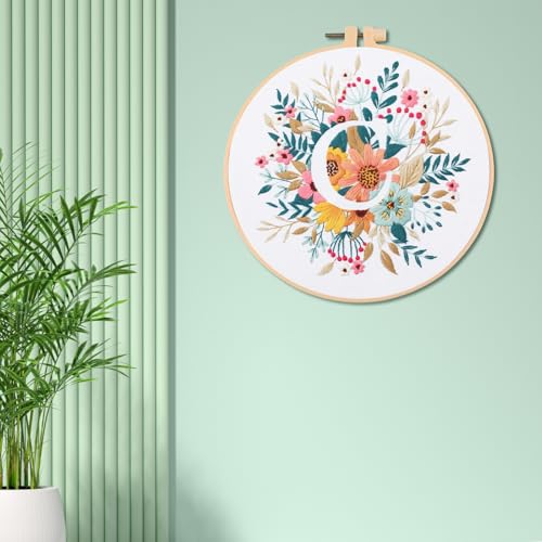 Image of IUHUI Embroidery Kit for Beginners Adults - 26 Floral Letters Easy Patterns, DIY Hand Stitching Embroidery Set with Hoop (Flower and Grass Letter C)