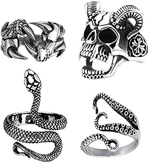 Goth Rings for Men Women Adjustable Punk Silver Rings Set Vintage Snake Octopus Dragon Claw Skull Finger Ring 4Pcs