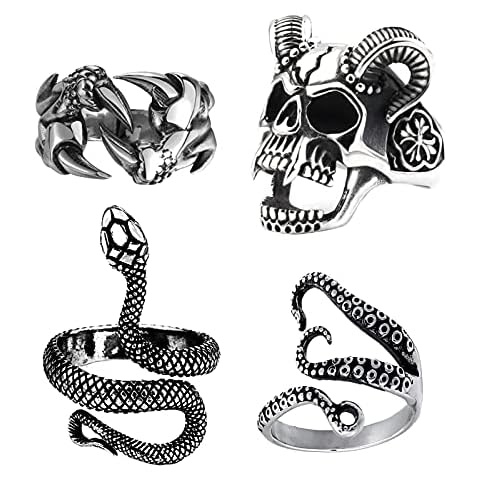 Goth Rings for Men Women Adjustable Punk Silver Rings Set Vintage Snake Octopus Dragon Claw Skull Finger Ring 4Pcs Cover