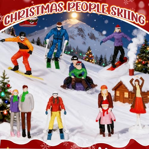Rileryan 8 PCS Miniature Christmas Town Village People Figurines Set Skating Skiing Mini People for Christmas Village Accessories Decorations
