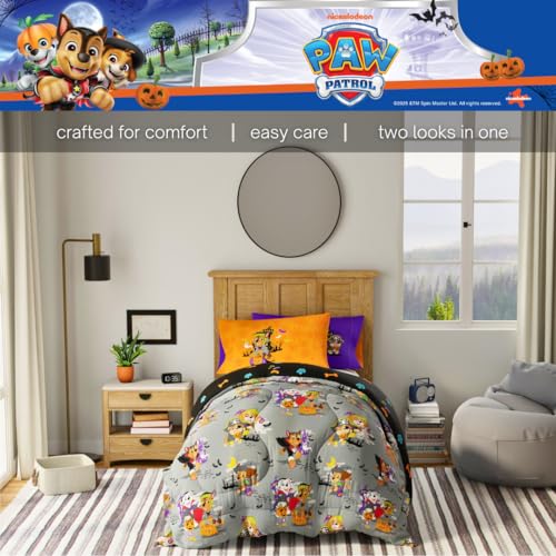 Image of Paw Patrol Kids Halloween Bedding 5 Piece Super Soft Cozy Reversible Comforter and Sheet Set with Sham, Twin, (Officially Licensed Product) By Franco