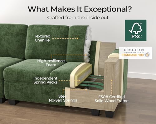 Image of 124.8'' Oversized Modular Sofa Comfy Cloud Couch with Storage Wide L-Shaped Sectional Sofa Set with Chaise for Living Room, Covers Washable, 4-Seater with Ottoman, Chenille, Green
