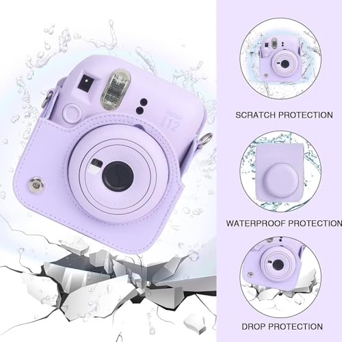 Image of Breatoi PU Leather Camera Case for Mini 12 - Rainproof, Soft, and Stylish in Lilac Purple with Adjustable Shoulder Strap (Camera not Included)