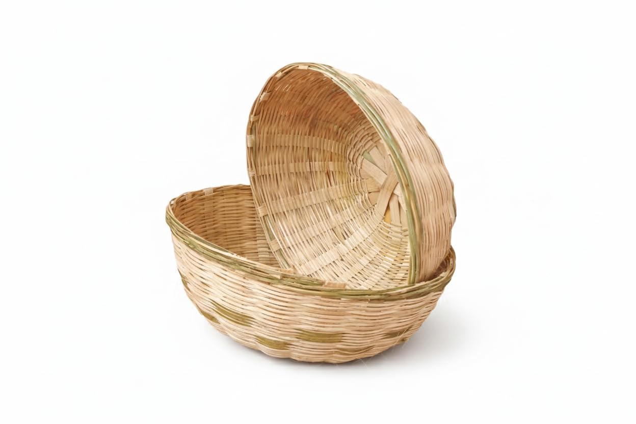 Natural Handwoven Bamboo Tokri Basket Set, Traditional Handmade Storage for Fruit, Vegetable & Pooja, Pack of 2-image-35