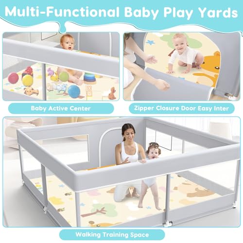 Image of Fshibila Baby Playpen with Mat, Baby Playard for Toddlers, Sturdy Safety Play Yard with Soft Breathable Mesh, Anti-Fall, 50 * 50 * 27 inches Grey