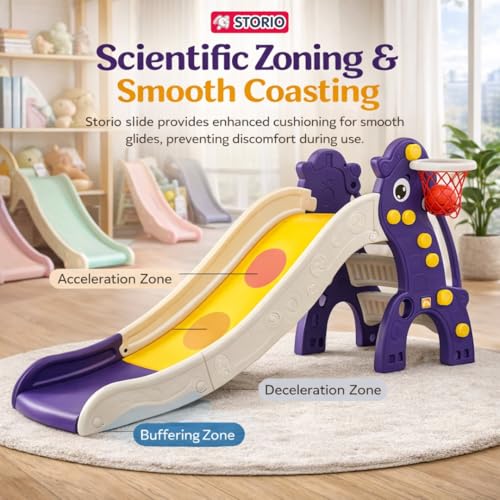 Image of Storio Big Slide for Kids with Basketball Hoop | Large Indoor Outdoor Toddler Climber Playset for 2+ Years | Safe & Sturdy Plastic Garden Slide Toy for Boys & Girls - Purple