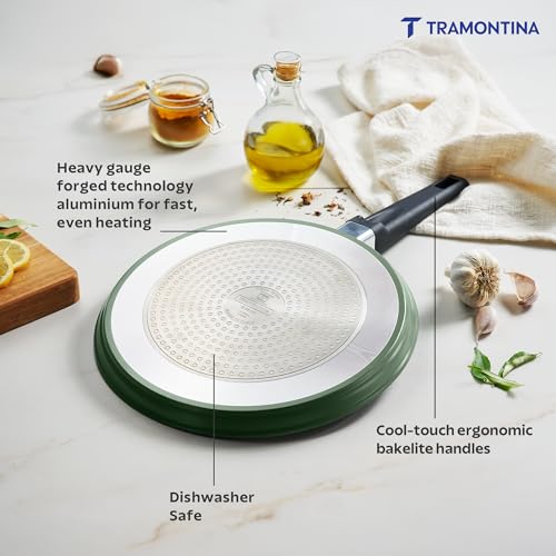 Image of TRAMONTINA Aura Dosa Tawa 30cm | Reinforced Ceramic Non-Stick Cookware | Quick & Even Heating | Low-Oil Cooking | Bakelite Handle | Induction & Gas Compatible |Sea Green