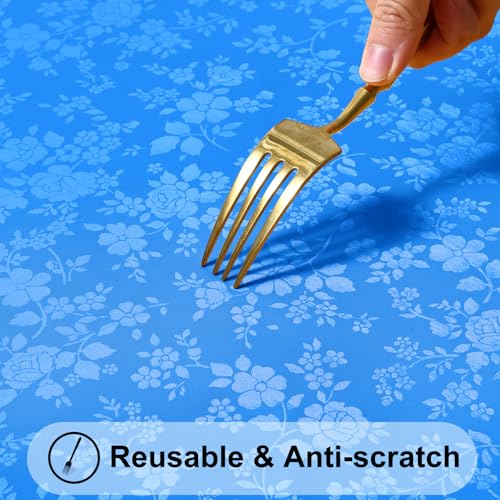 Image of Smiry Heavy Duty Vinyl Fitted Tablecloths for 6 Foot Rectangle Tables | Elastic Waterproof Fitted Tablecloths, Wipeable Washable Table Cover for Kitchen, Dining, Camping (Blue, 30 inch x 72 inch)