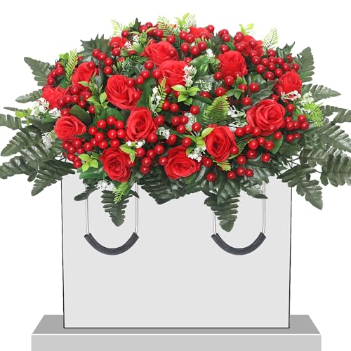 IDMOP Christmas Artificial Cemetery Flowers Artificial Cemetery Flowers Saddle for Outdoor Gravesite Tombstone Decorations Roses and Artificial Red Berries Stems Ornaments