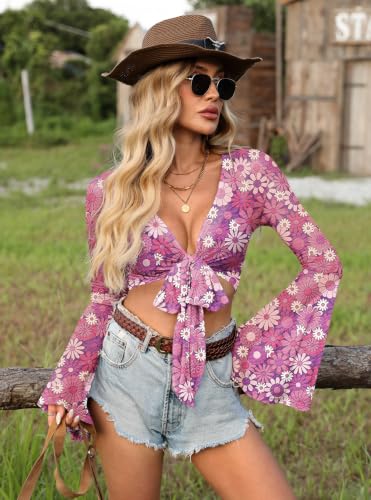 Image of For G and PL Women Tie Front Bell Sleeve Rave Crop Tops Floral Print Hippie Mesh Sheer Shirt