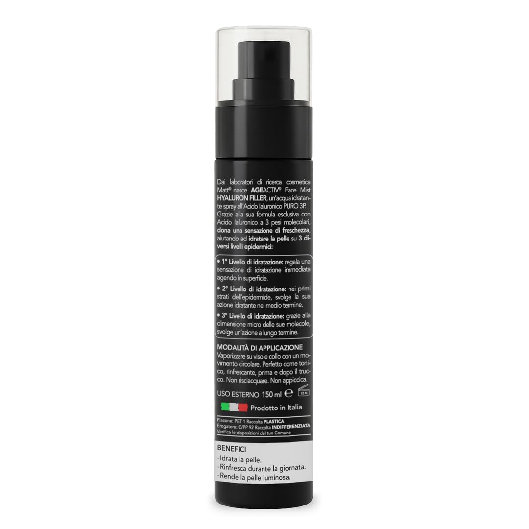 Matt, AGEACTIV Hyaluron Filler, Face Mist Spray Viso Idratante, Rinfrescante, Illiminante, Tonico Viso e Collo con Acido Ialuronico Puro e Attivi di Origine Naturale, Adatto a Pelli Sensibili, 150 ml