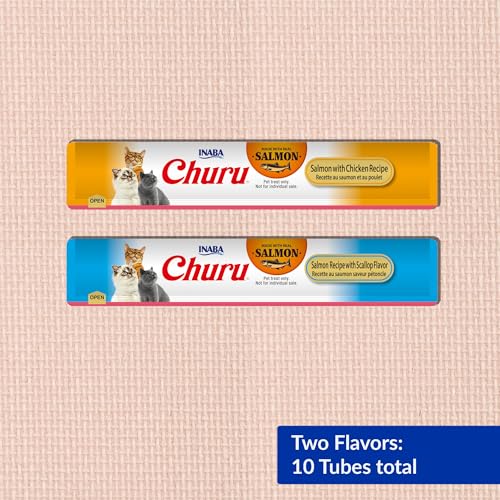 Image of INABA Salmon Churu Cat Treats, Lickable, Squeezable Creamy Puree Cat Treat with Green Tea Extract & Taurine, 0.5 Ounces Each Tube, 10 Tubes, Scallop & Chicken Variety